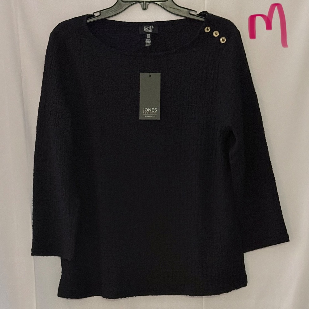 Jones New York Black Knit Top with Button Accents
